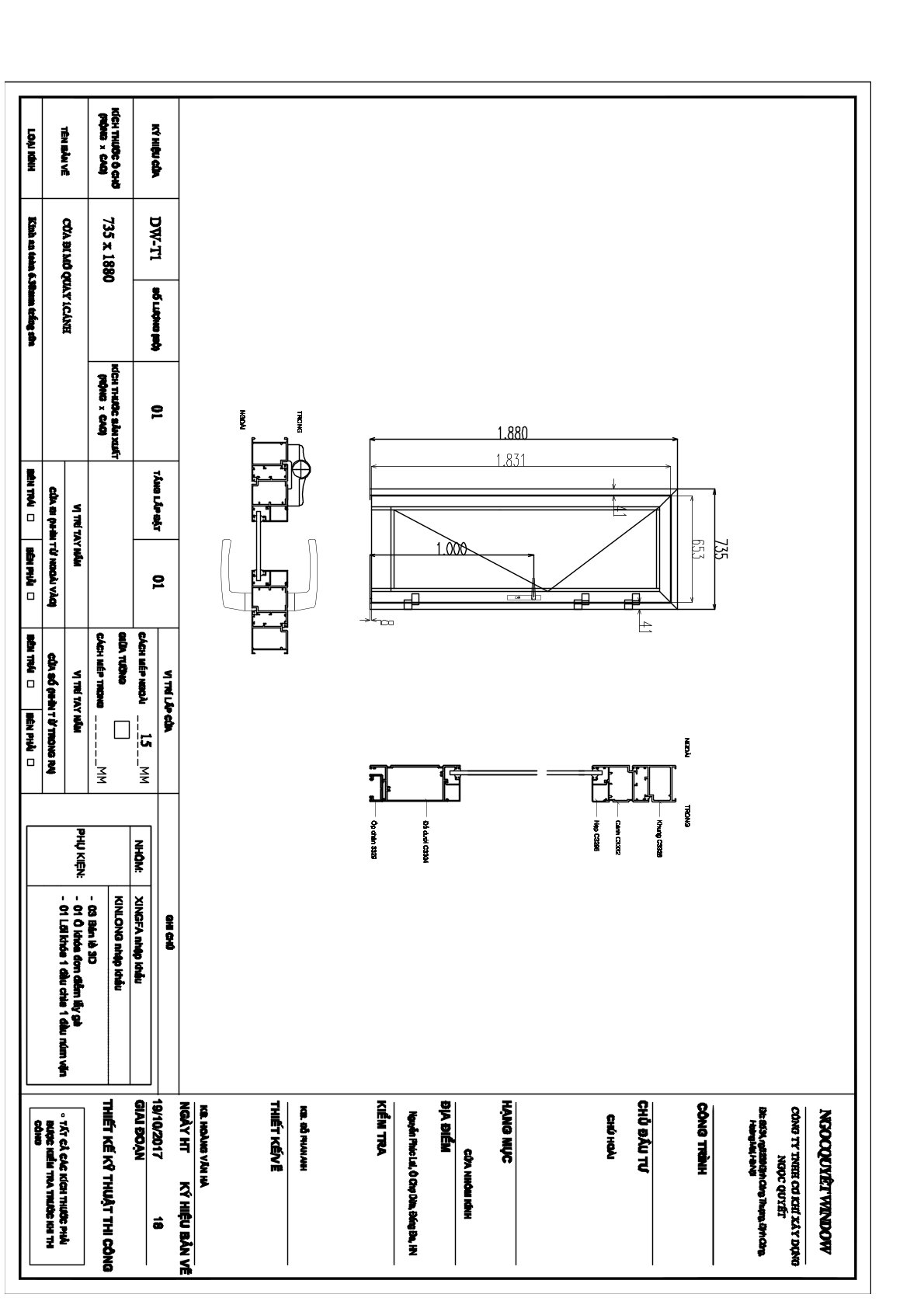 Bản vẽ kỹ thuật cửa nhôm kính mở quay một cánh kích thước 735 x 1880 mm
